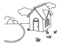 河邊美麗的小房子風景簡筆畫